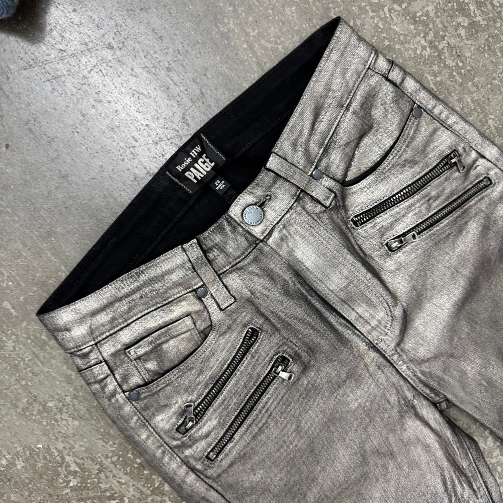 Paige Rosie HW Skinny Jeans Womens 28 Silver Metallic Wax Coated Moto Balmain
